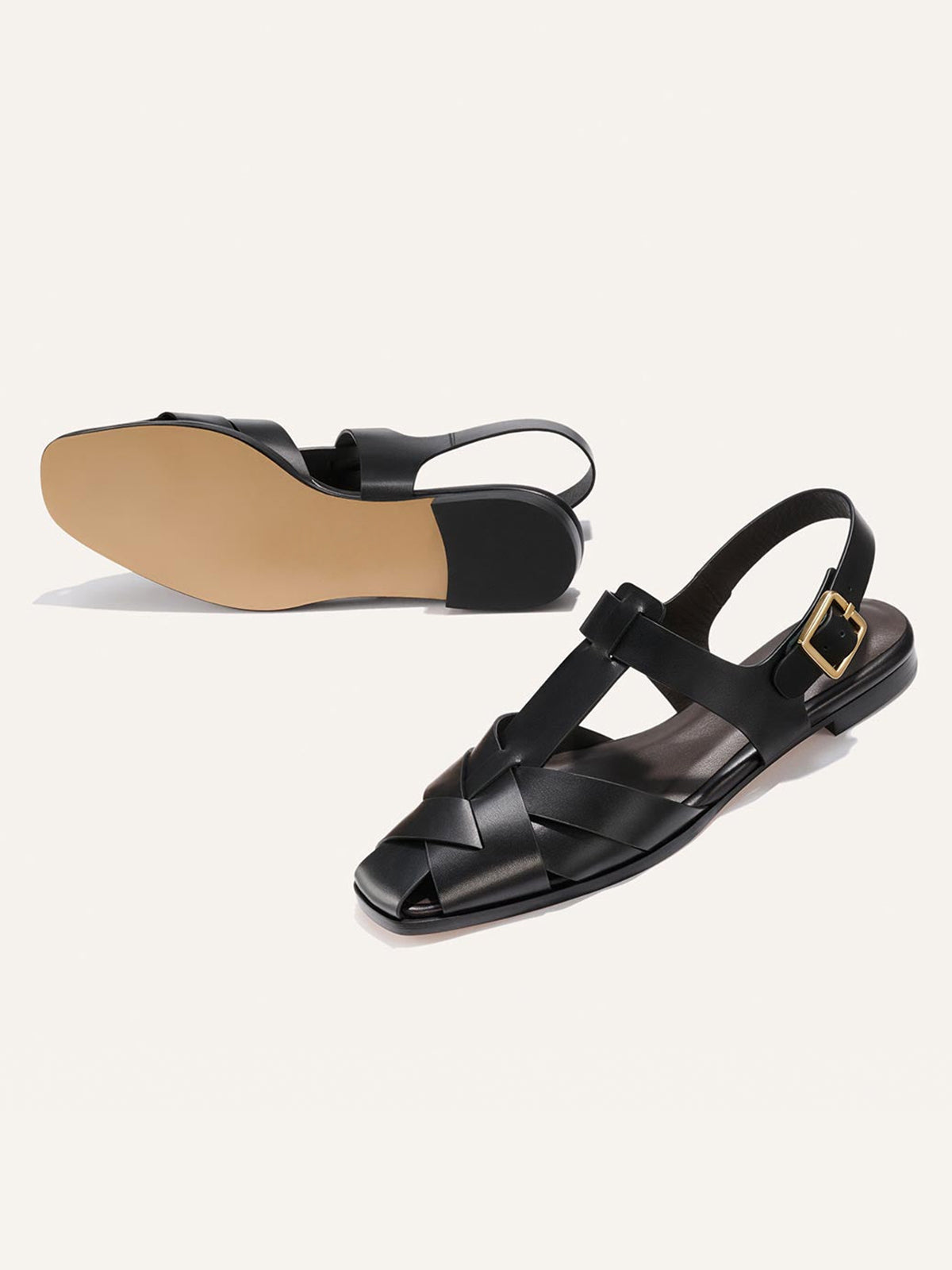 Black Cow Leather Square-Toe Caged Fisherman Chic Flats