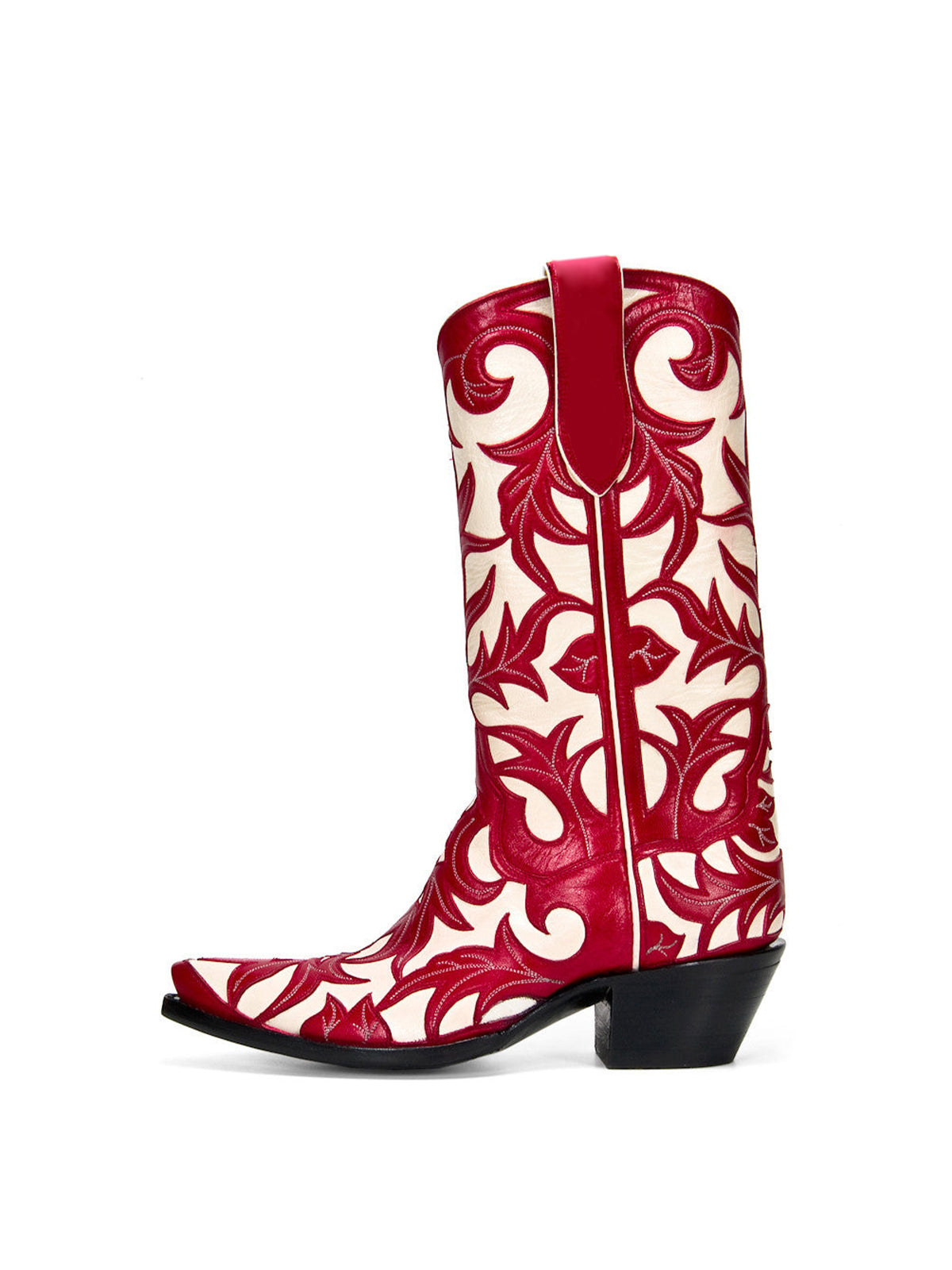 Contrast Red And White Snip-Toe Decorative Inlay Mid Calf Cowgirl Boots