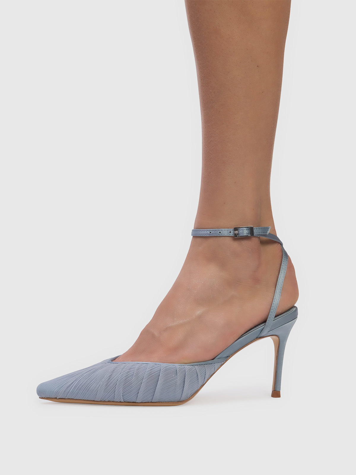 Blue Satin And Mesh Pointed-Toe Classic Ankle Strap High Heels