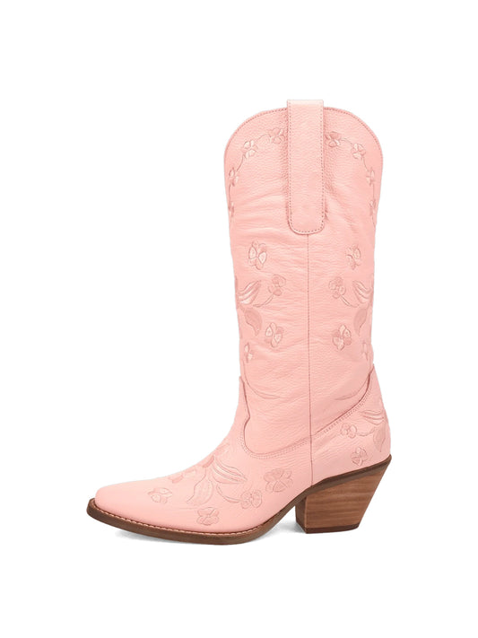Flowers Embroidery Snip-Toe Mid Calf Cowgirl Boots - Pink