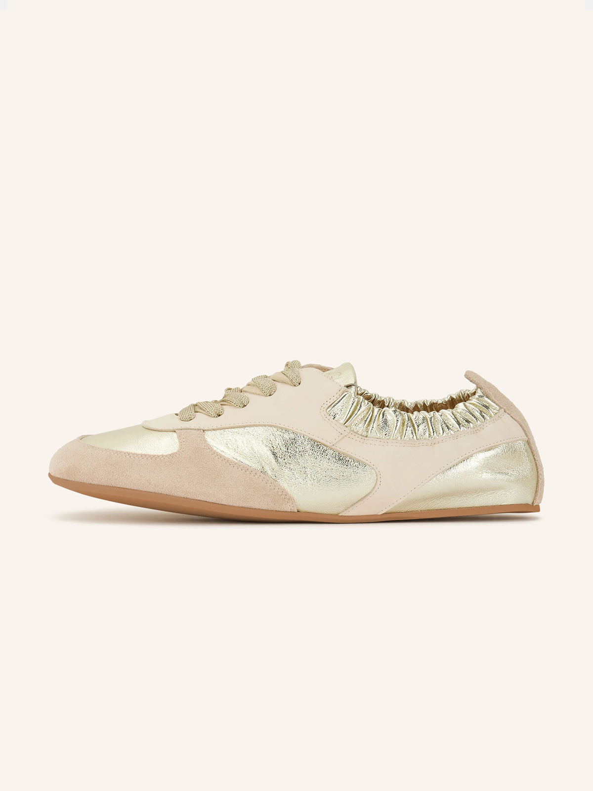 Light Brown And Gold Cow Suede Round-Toe Lace-Up Chic Flats Sneakers