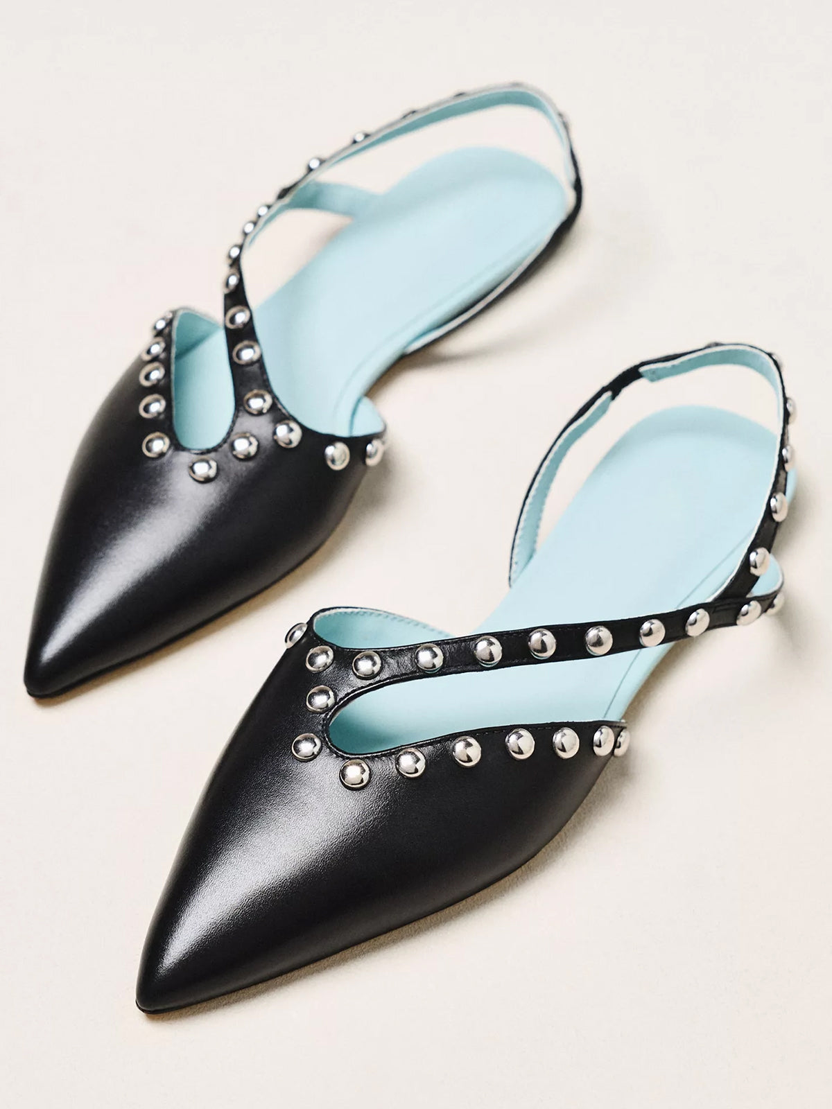Black Pointed-Toe Studded Cutout Slingback Flats