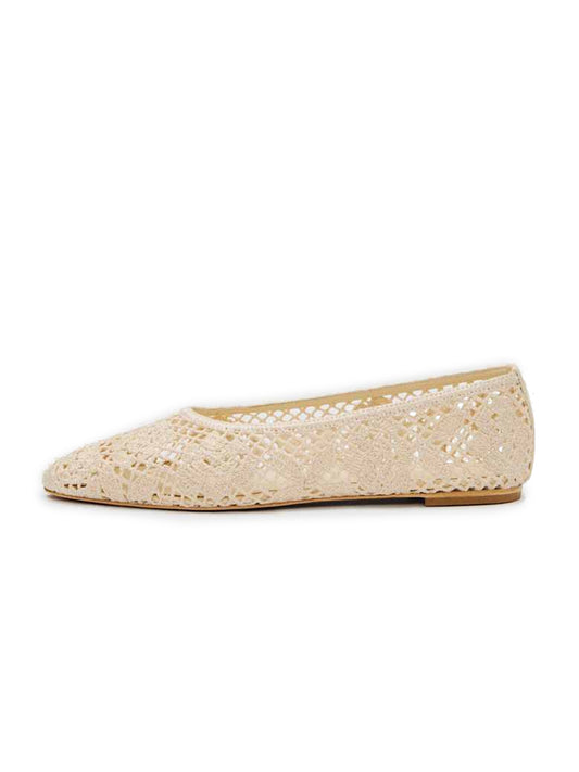 Cream Woven Round-Toe Floral Embroidery Slip-On Flats