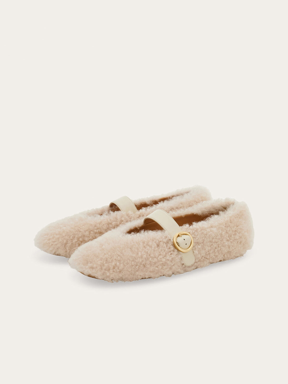 Cream Plush Square-Toe Vegan Leather Bridge Strap Ballet Flats