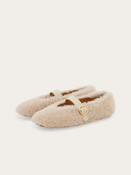 Cream Plush Square-Toe Vegan Leather Bridge Strap Ballet Flats