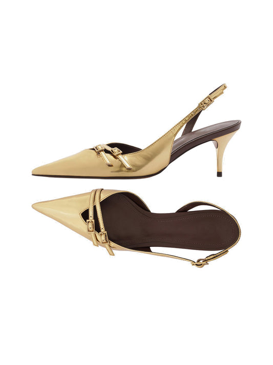 Metallic Gold Pointed-Toe Front Double Buckle Straps Buckle Slingback Kitten Heels