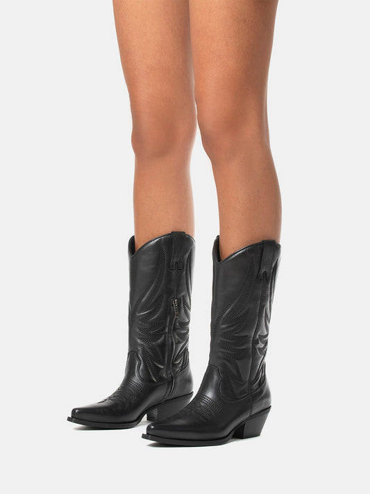 Black Snip-Toe Classic Embroidery Half-Zip Mid Calf Cowgirl Boots For Women