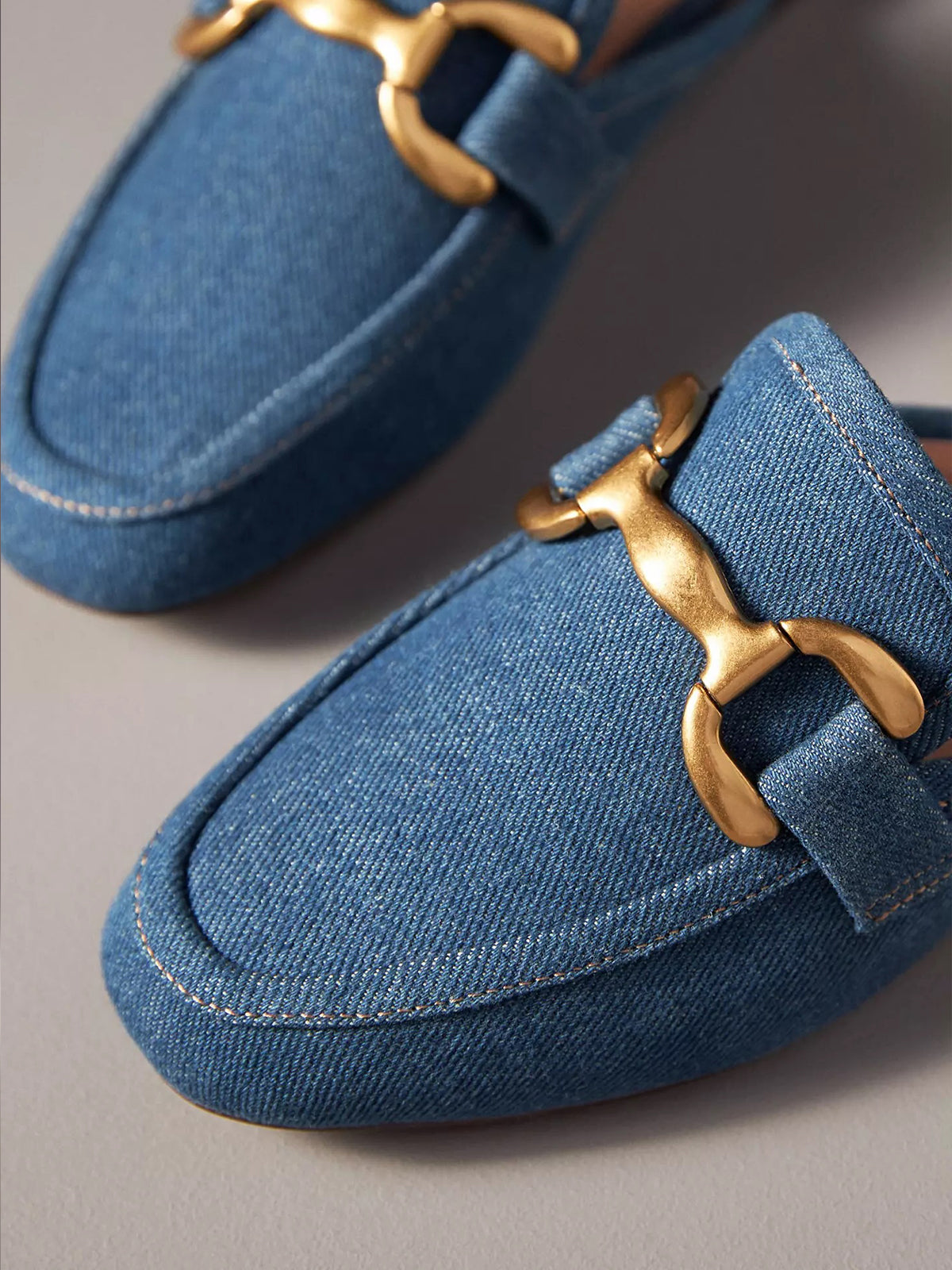 Blue Denim Square-Toe Slip-On Front Metal Detail Flats Loafers