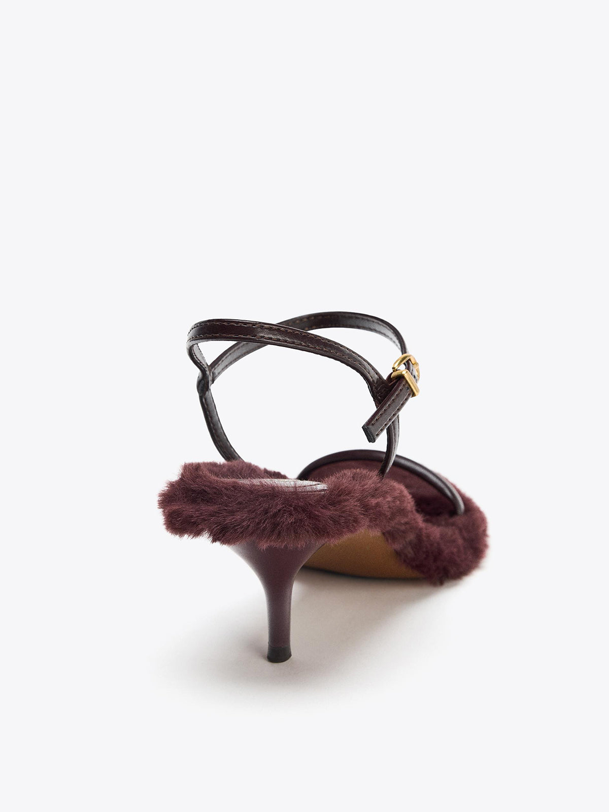 Burgundy Plush Round-Toe Front And Ankle Strap Kitten Heels