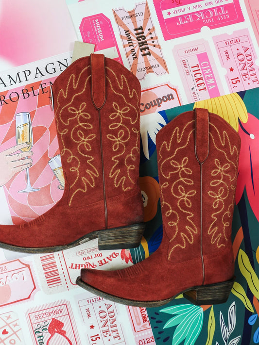 Faux Suede Embroidery Snip-Toe Wide Mid Calf Cowgirl Boots - Red