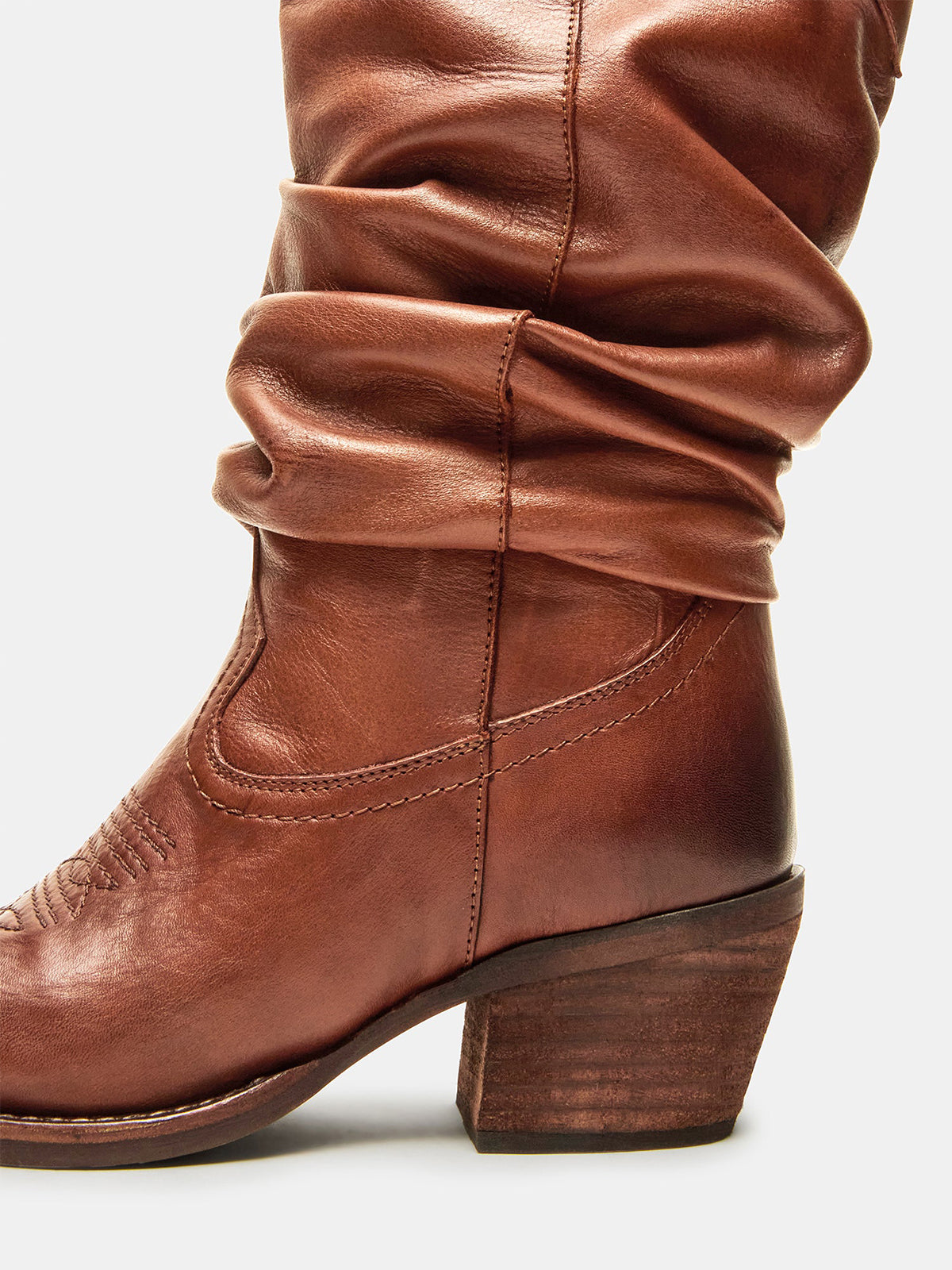 Cognac Snip-Toe Slouchy Mid Calf Cowgirl Boots