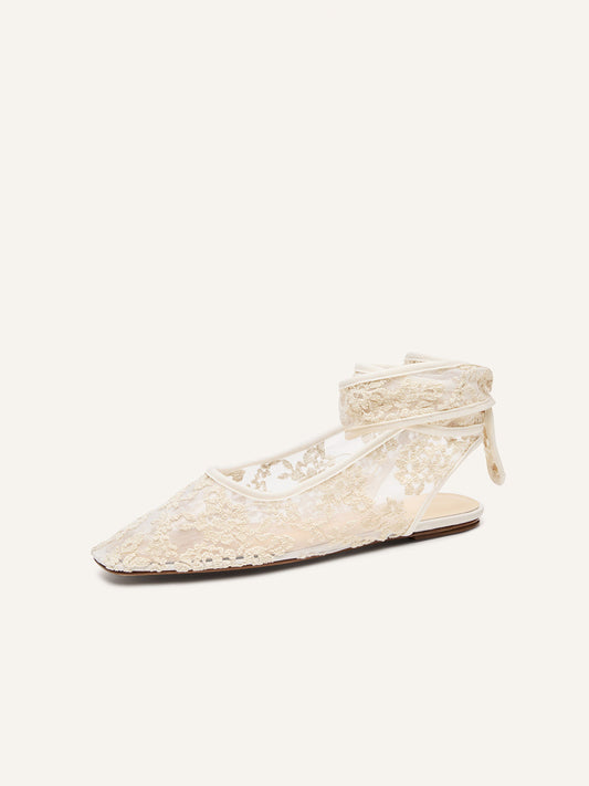 White Lace Mesh Square-Toe Slingback Ankle Strap Flats