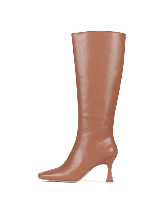 Tan Square-Toe Wide Calf Simple Knee High Stiletto Boots