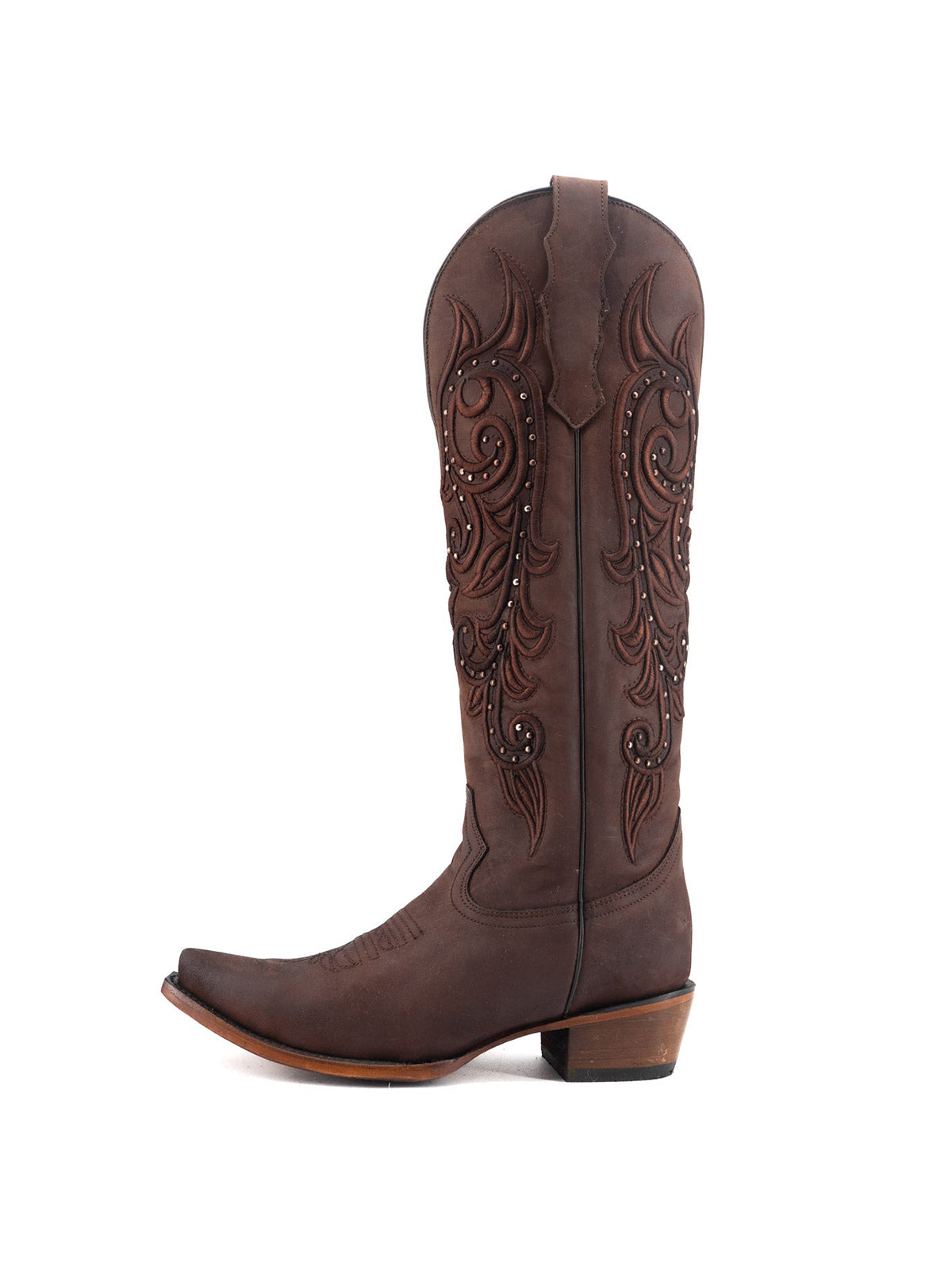 Snip-Toe Embroidery And Studs Half-Zip Knee High Cowgirl Boots For Woman - Coffee