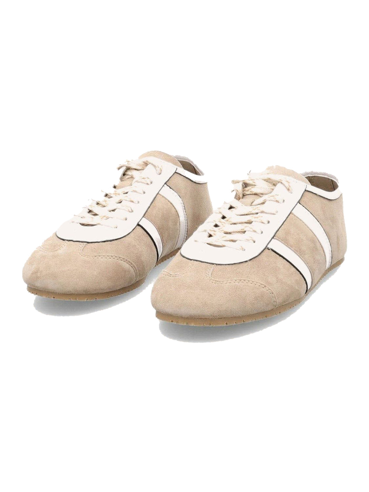 Ecru Cow Suede And Cow Leather Round-Toe Lace-Up Flats Sneakers
