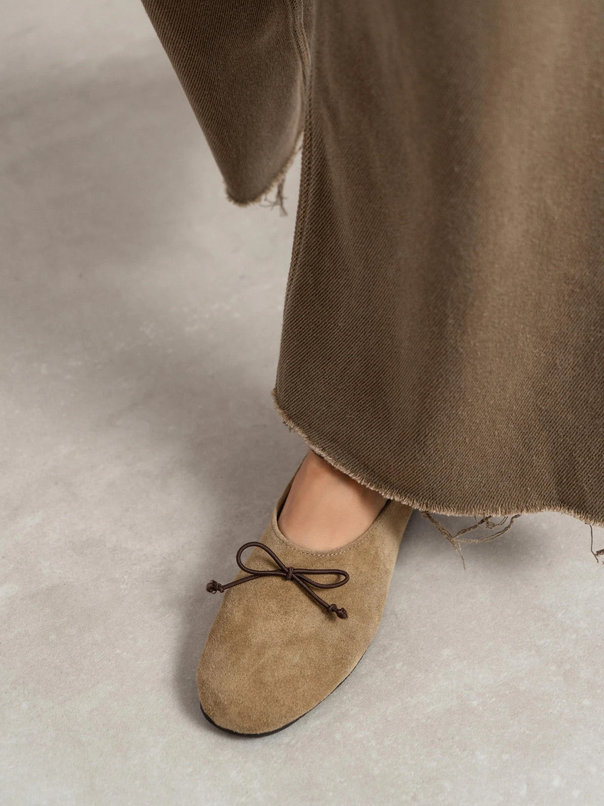 Light Khaki Cow Suede Round-Toe Front Bow Slip-On Flats