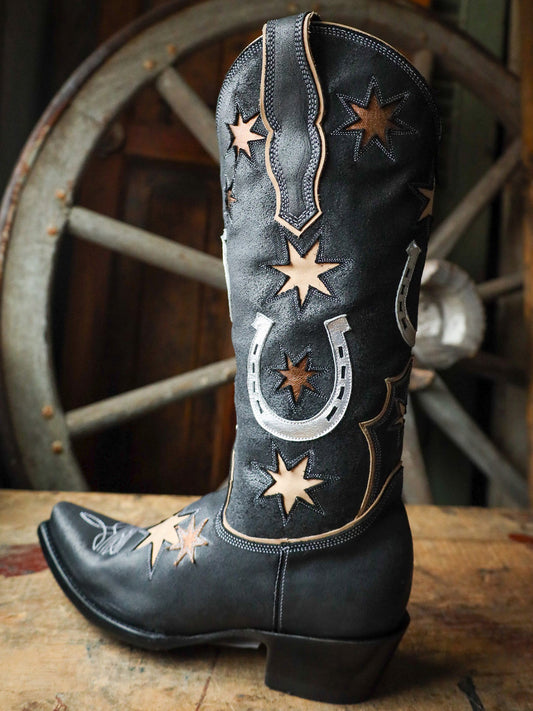 Black Snip-Toe Stars Inlay Horseshoe Applique Half-Zip Mid Calf Cowgirl Boots