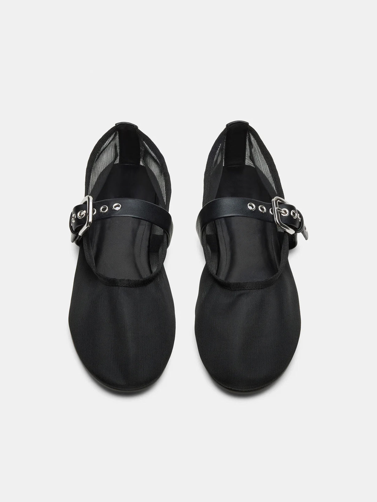 Black Mesh Round-Toe Bridge Buckle Strap Ballet Flats