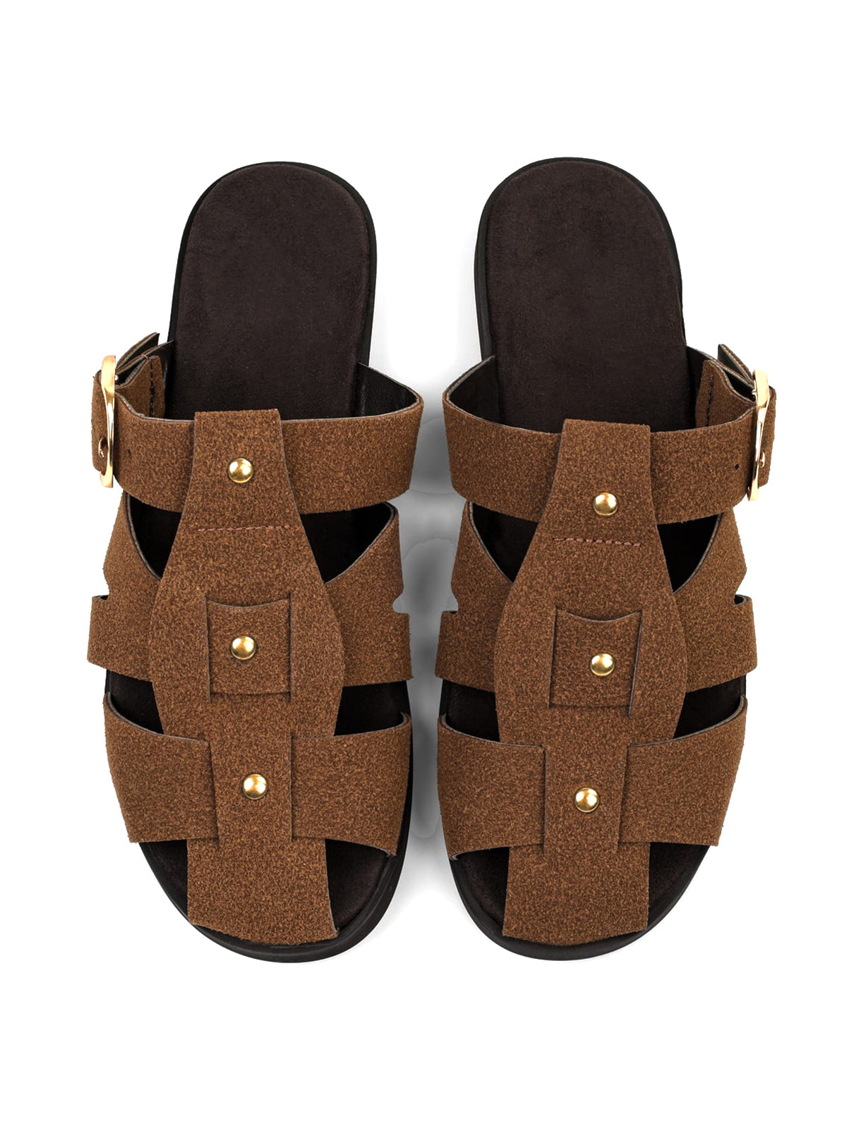 Brown Cow Suede Round-Toe Caged Detail And Studs Backless Flats