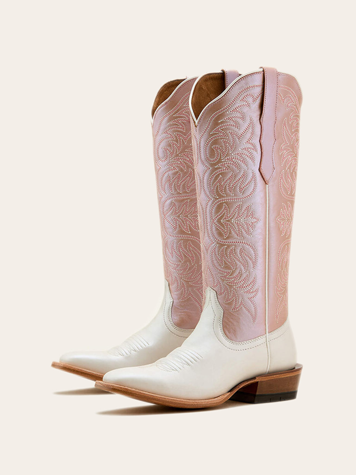 Contrast Ivory And Metallic Pink Square-Toe Embroidery Wide Mid Calf Cowgirl Boots