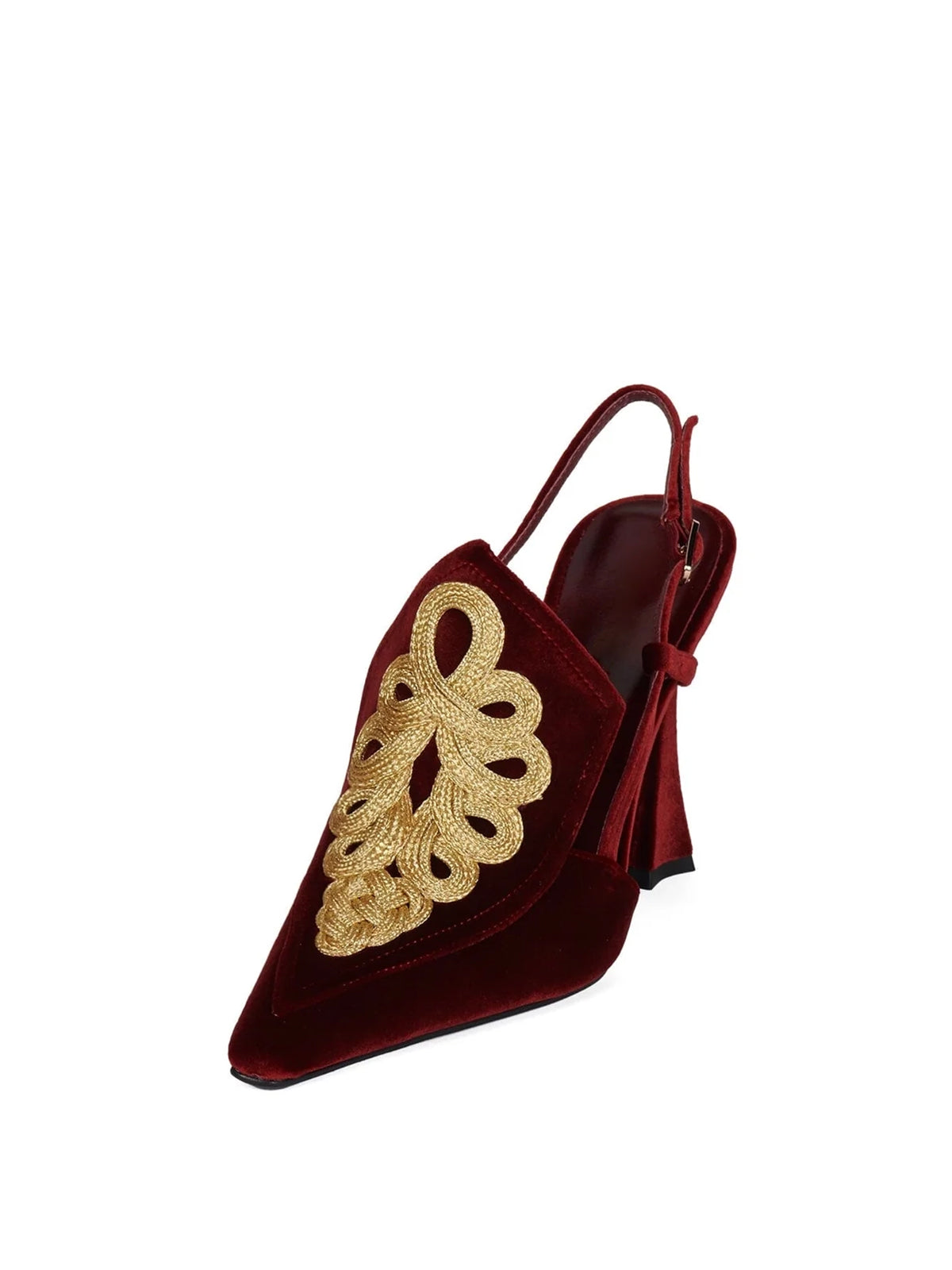 Wine Red Velvet Pointed-Toe Gold Embroidery Slingback High Heels Pumps