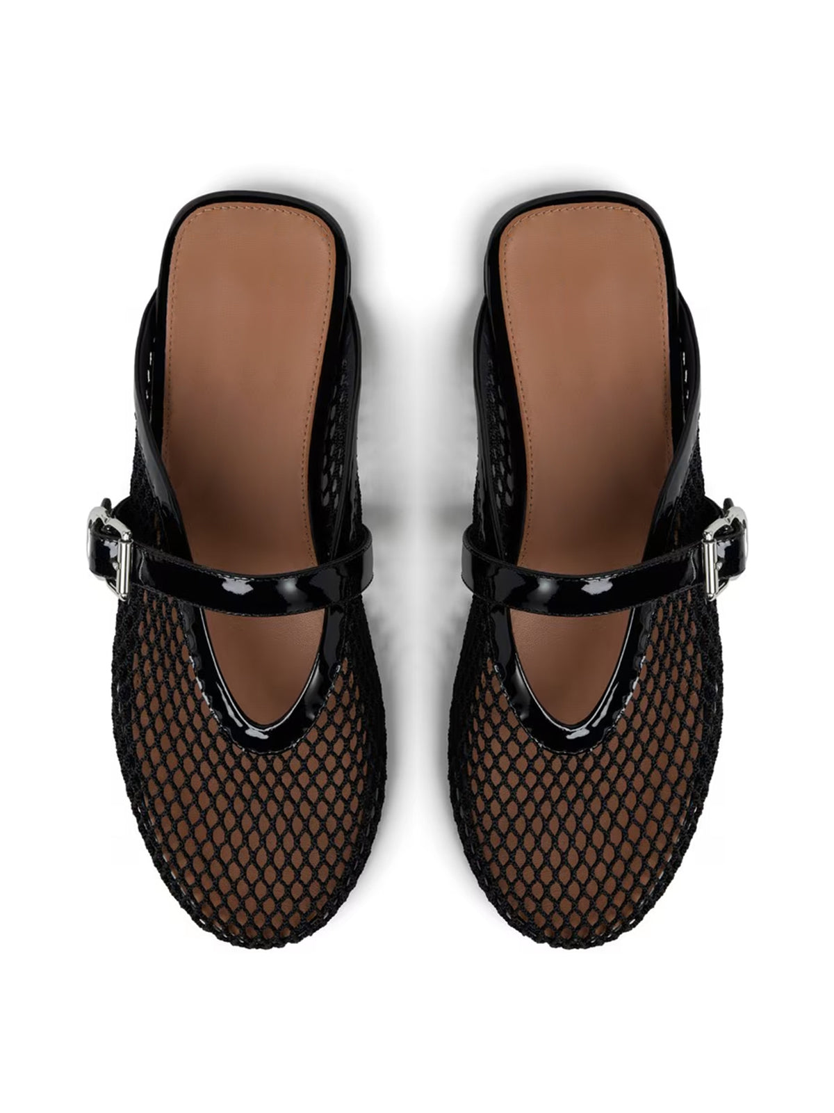 Patent Black And Mesh Round-Toe Middle Strap Backless Flats