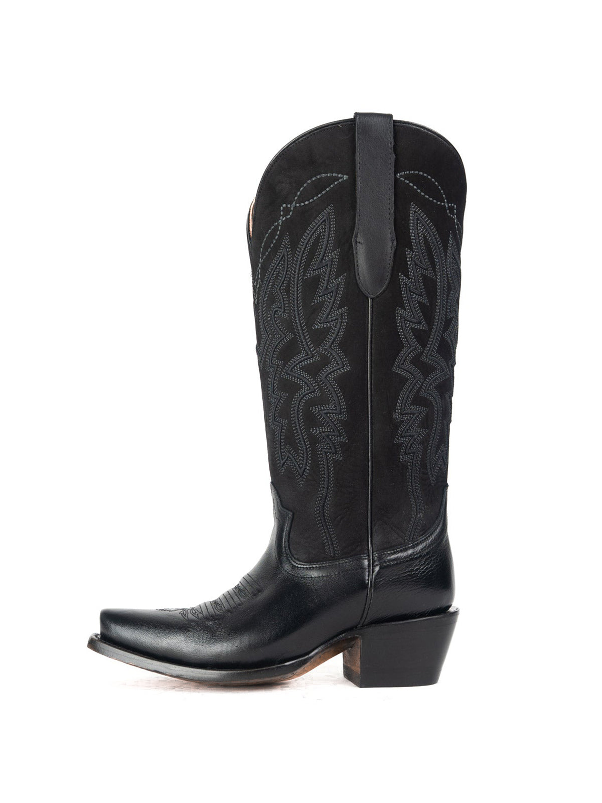 Western Snip-Toe Embroidery Half-Zip Mid Calf Cowgirl Boots - Classic Black