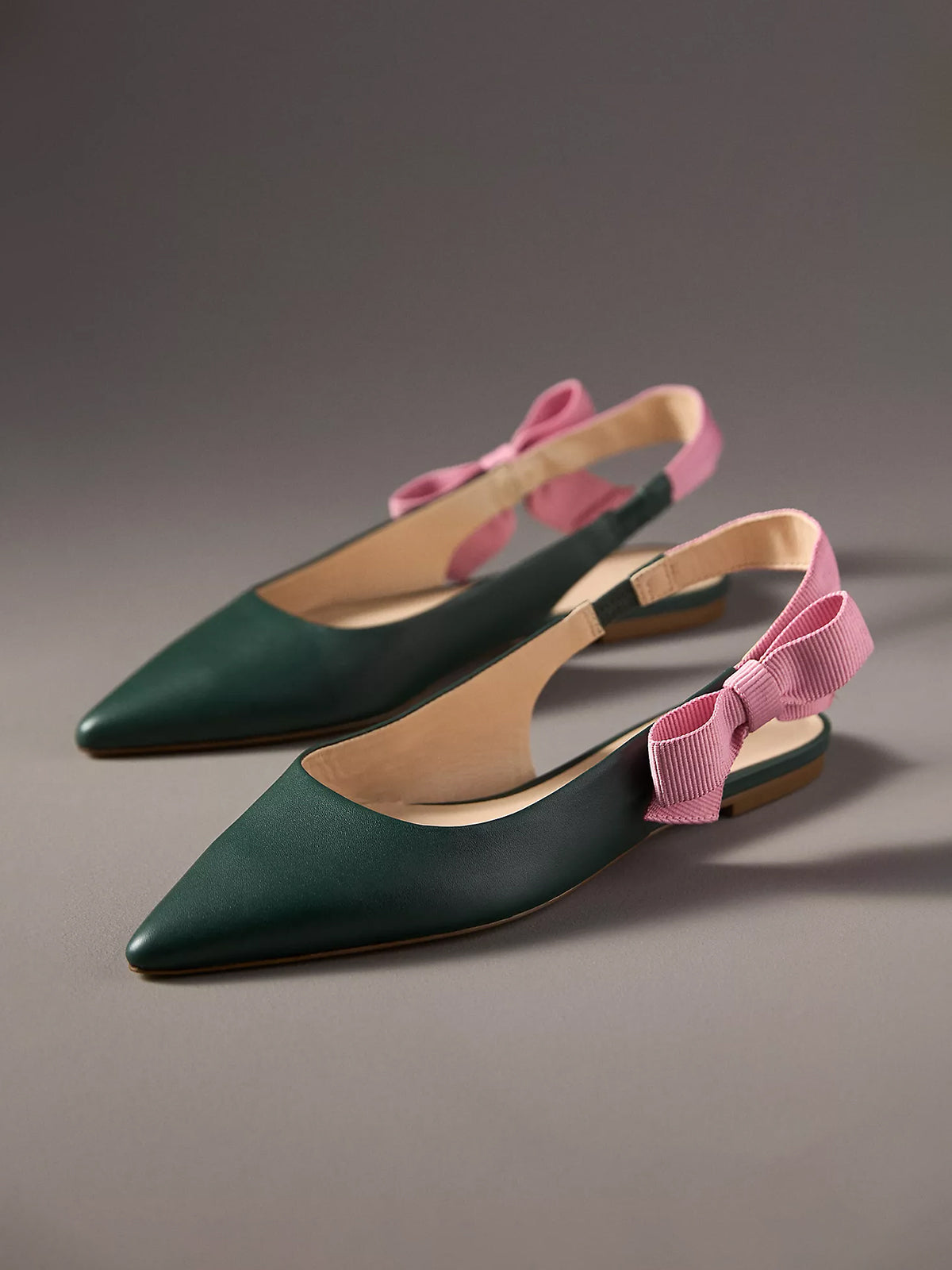 Green Pointed-Toe Side-Bow Slingback Flats