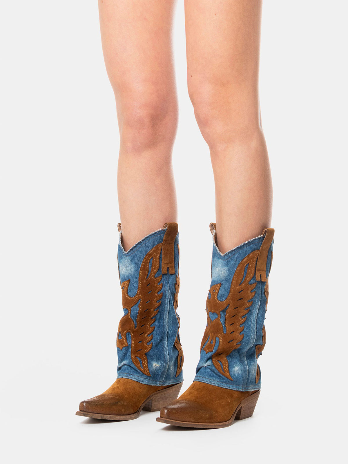 Brown Snip-Toe Eagle Applique Blue Denim Fold-Over Mid Calf Cowgirl Boots