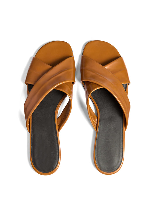 Brown Square-Toe Cris-Crossed Straps Slip-On Flat Sandals