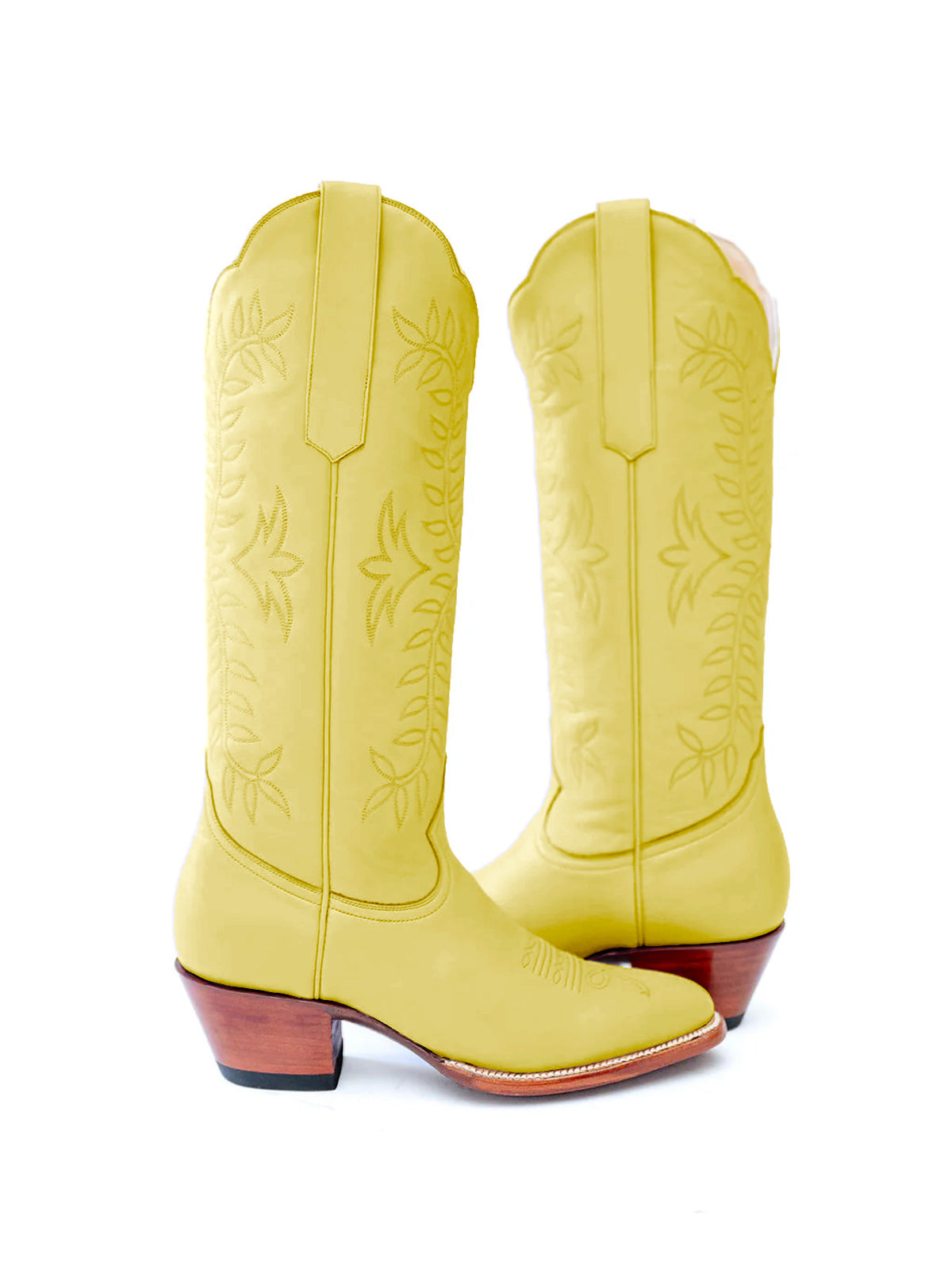 Leaves Embroidery Almond-Toe Wide Knee High Cowgirl Boots - Yellow
