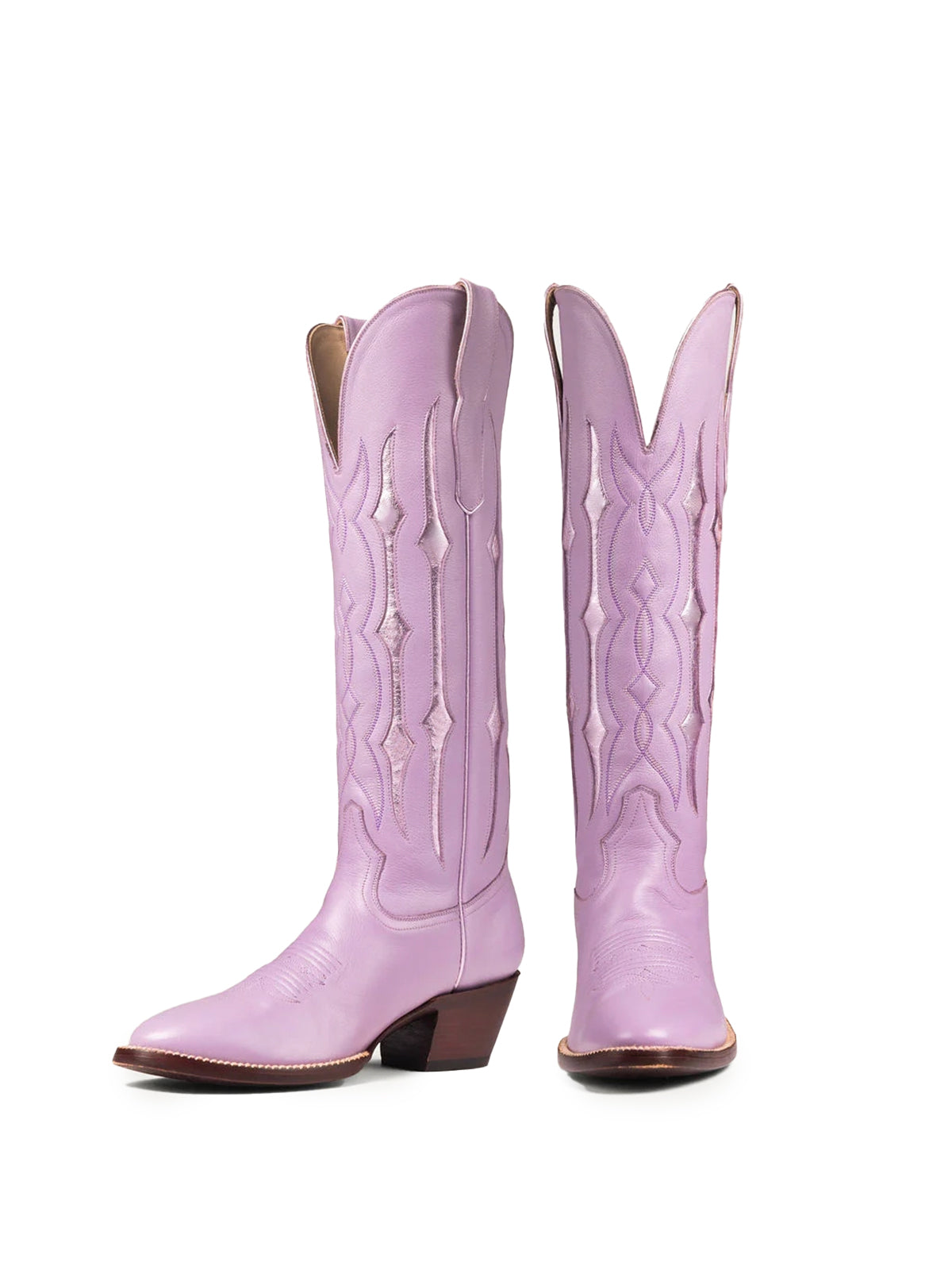 Lavender Contrast Metallic Silver Inlay Stitch Almond-Toe Wide Knee High Western Cowgirl Boots