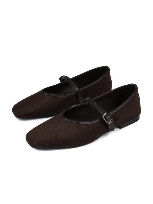 Coffee Faux Suede Square-Toe Buckle Bridge Strap Classic Ballet Flats