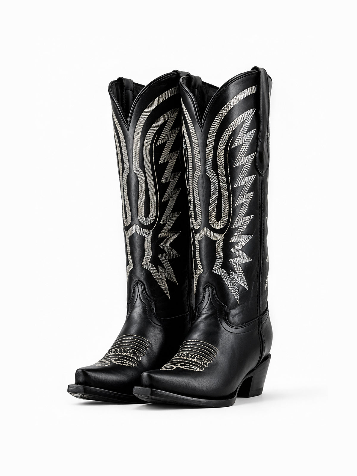 Black Vegan Leather Snip-Toe White Embroidery Wide Calf Knee High Cowgirl Boots