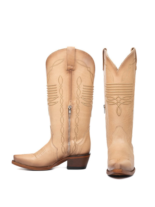 Latte Snip-Toe Classic Embroidery Half-Zip Western Mid Calf Cowgirl Boots