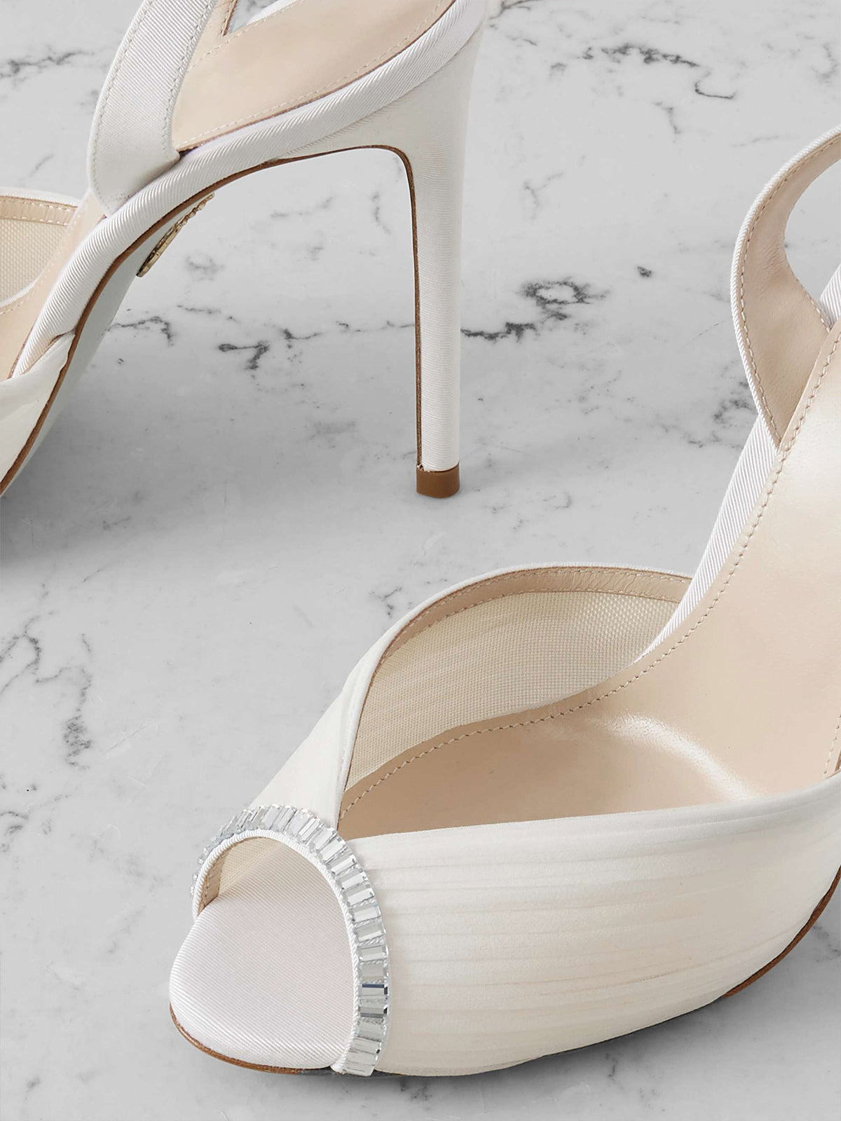 White Satin Mesh Round-Toe Ankle Strap High Heels Pumps With Crystals