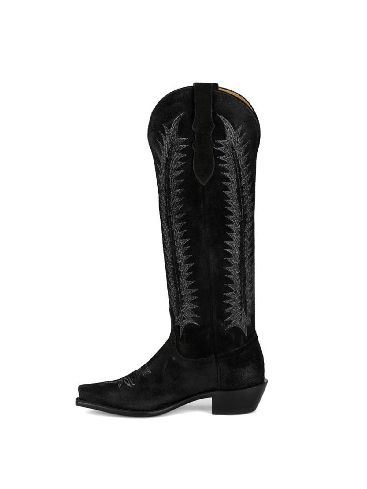 Black Faux Suede Snip-Toe Wide Calf Embroidery Knee High Cowgirl Boots