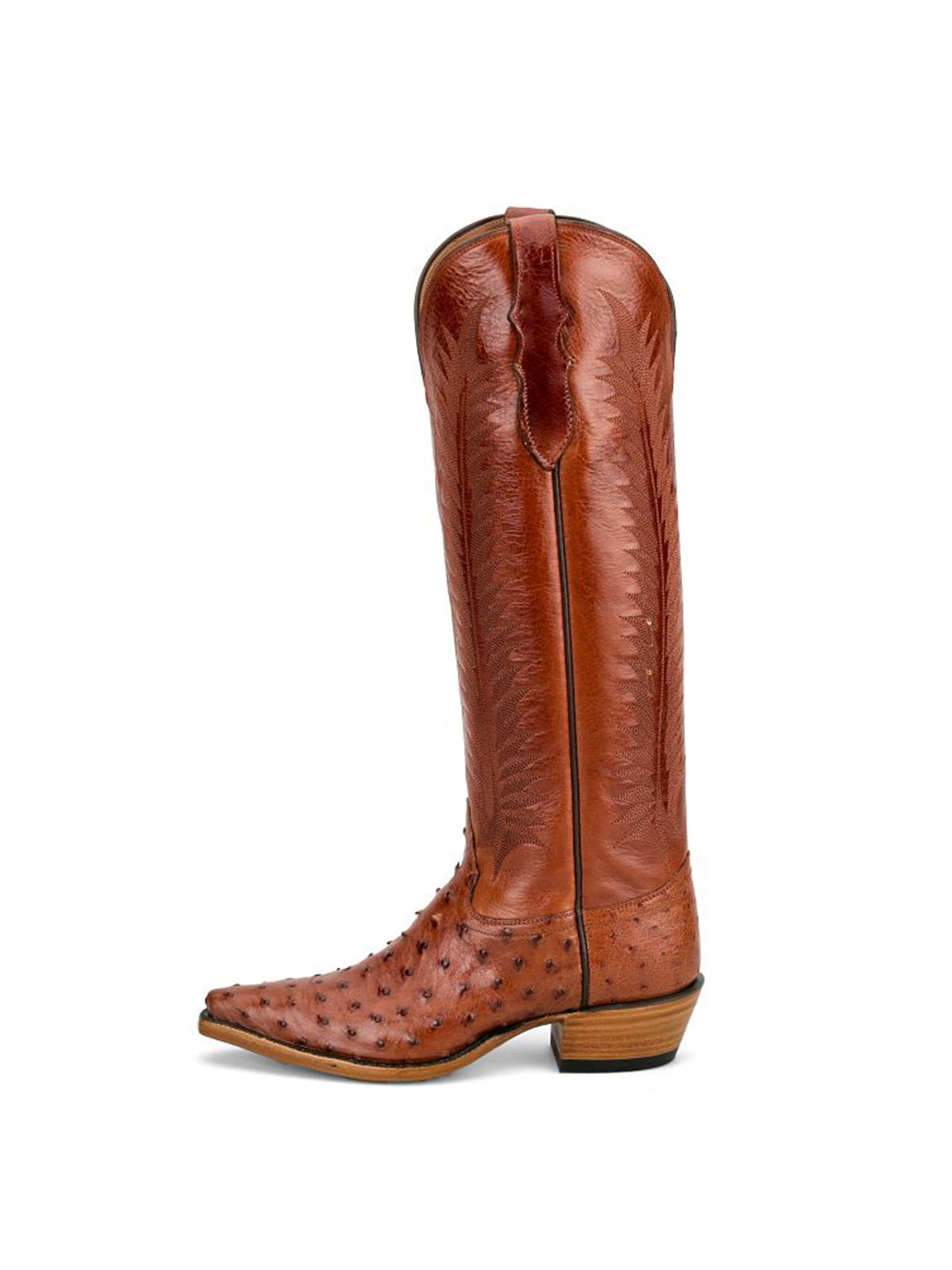 Cognac Ostrich Print Snip-Toe Western Stitch Knee High Cowgirl Boots