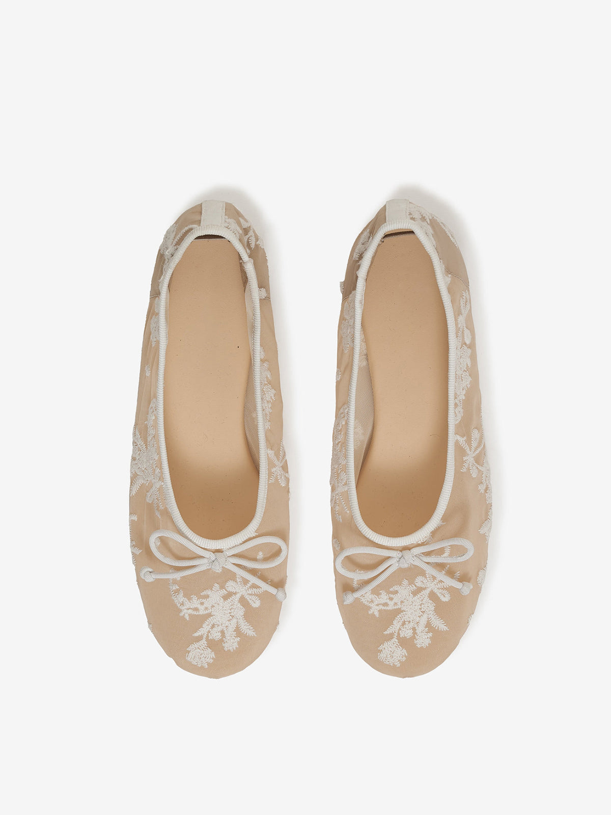 White Mesh Round-Toe Floral Embroidery Bow Ballet Flats
