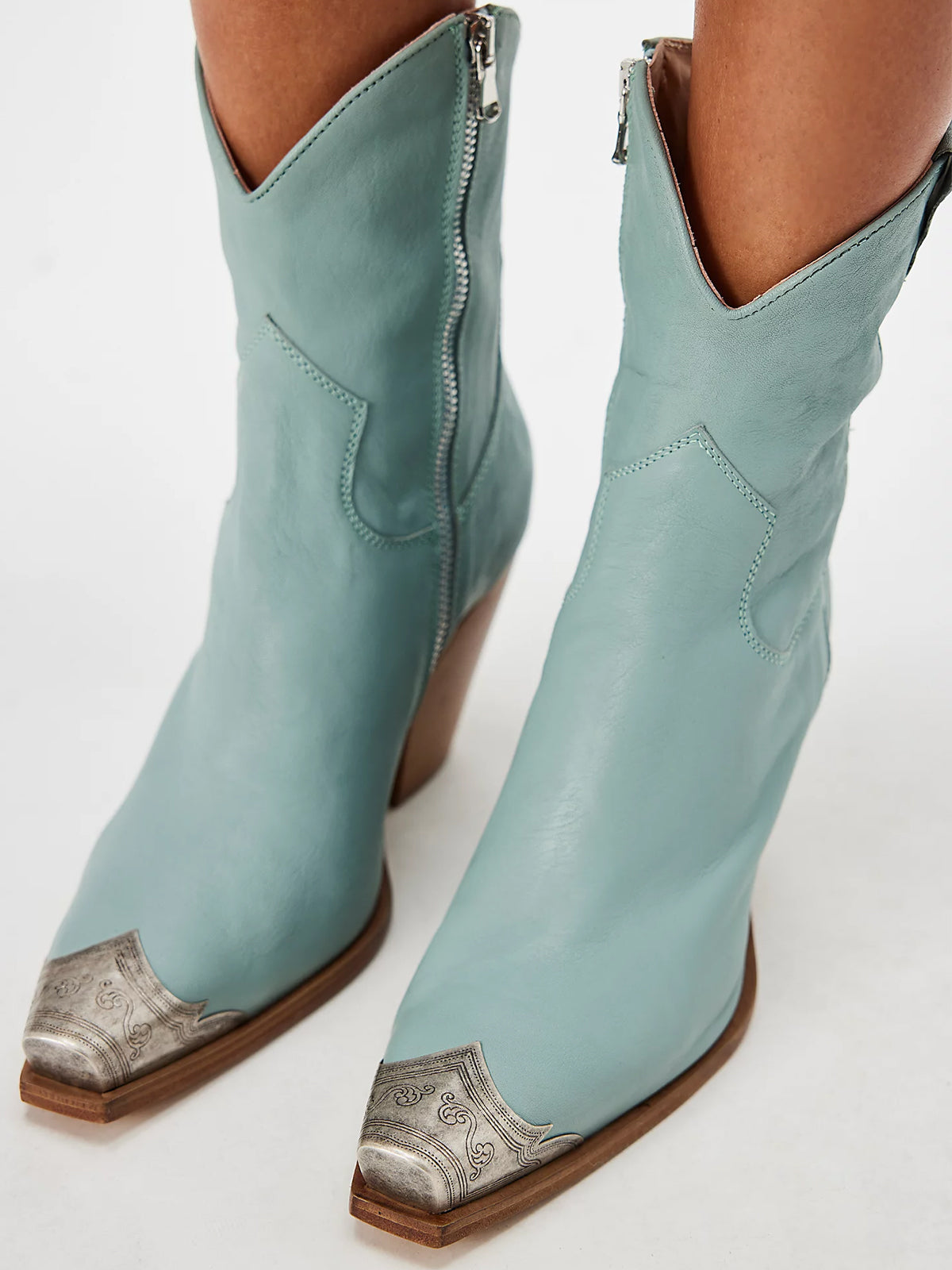 Metal Snip-Toe Full-Zip Classic Cowgirl Ankle Boots - Turquoise