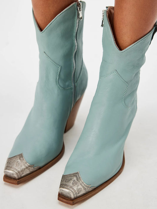 Metal Snip-Toe Full-Zip Classic Cowgirl Ankle Boots - Turquoise
