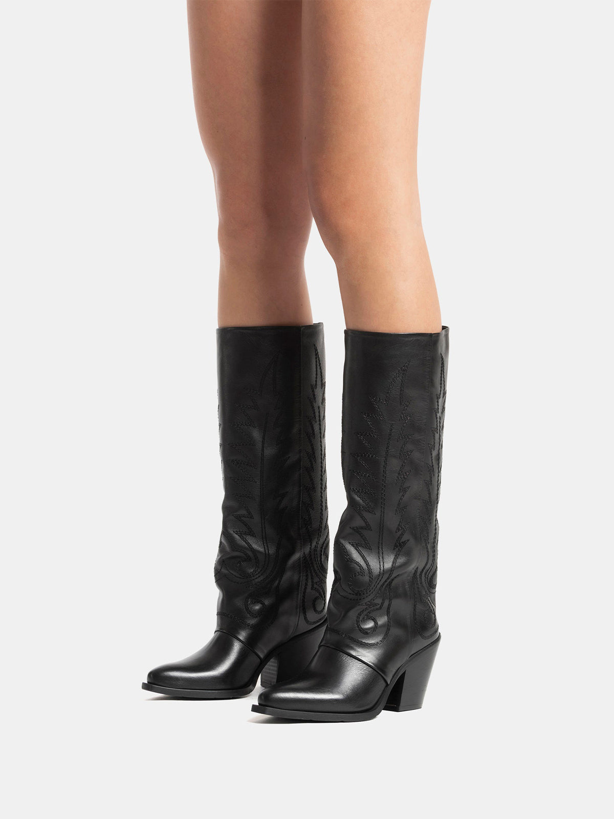 Black Snip-Toe Vegan Leather Classic Embroidery Mid Calf Cowgirl Boots