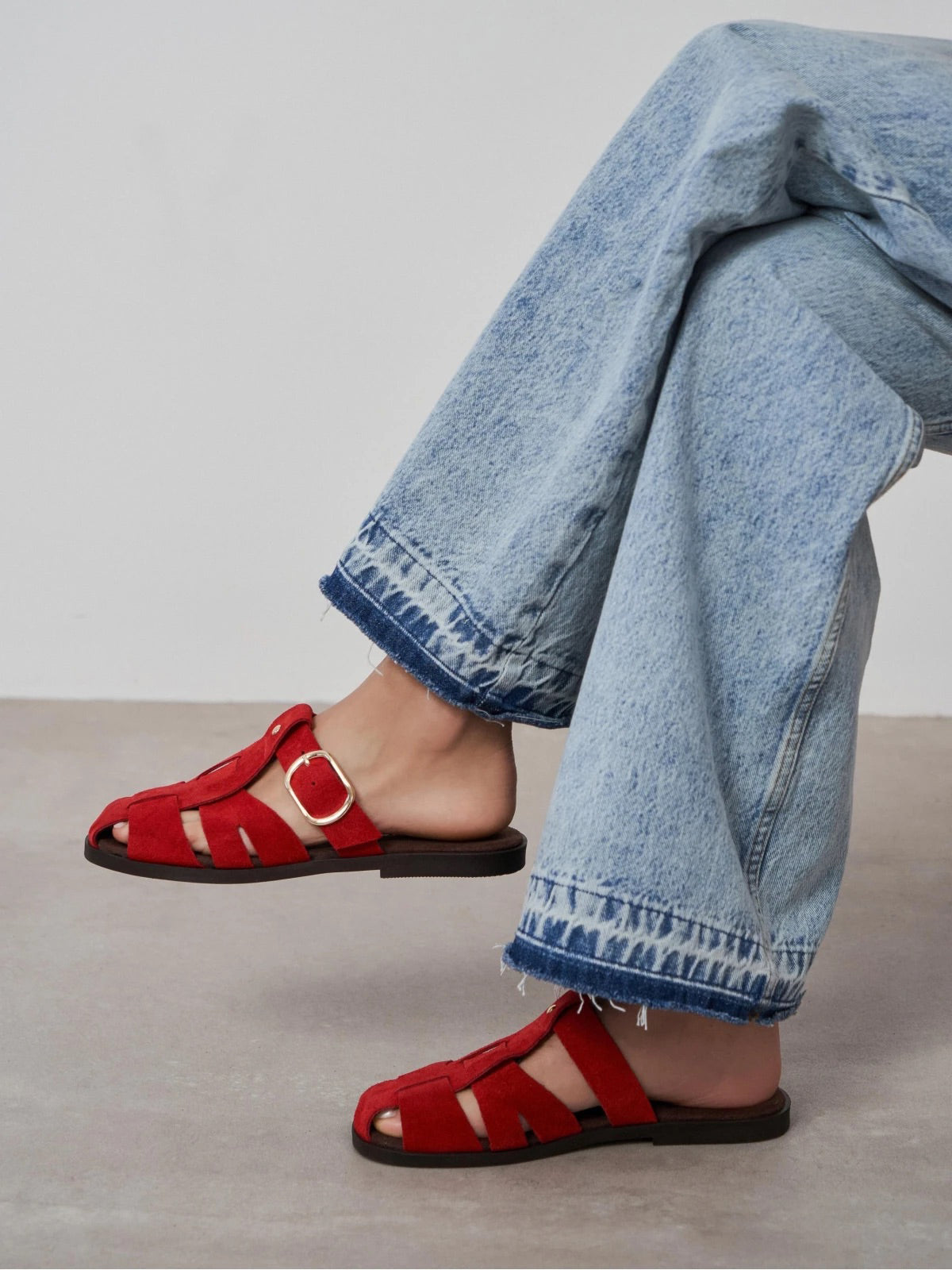 Red Cow Suede Round-Toe Caged Detail Backless Flats