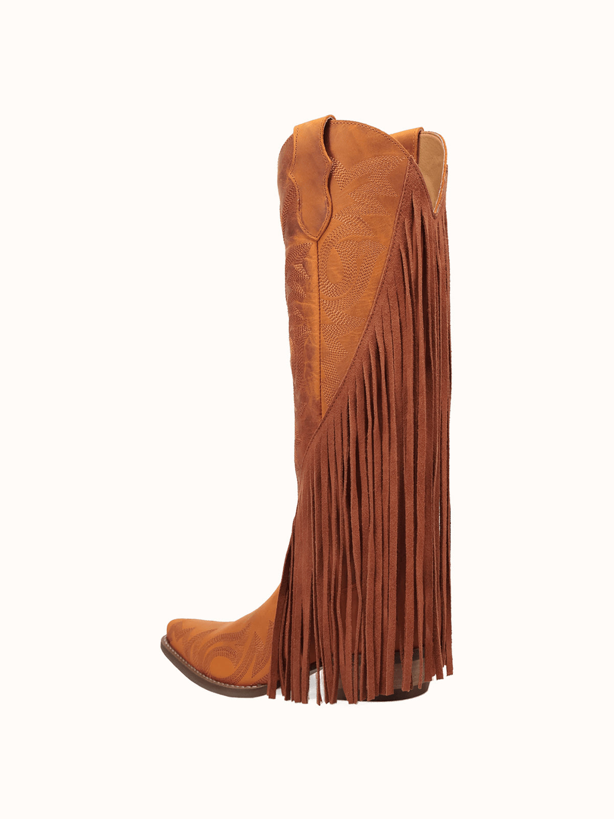 Rust Snip-Toe Faux Suede Side Fringe Embroidery Wide Calf Knee High Cowgirl Boots