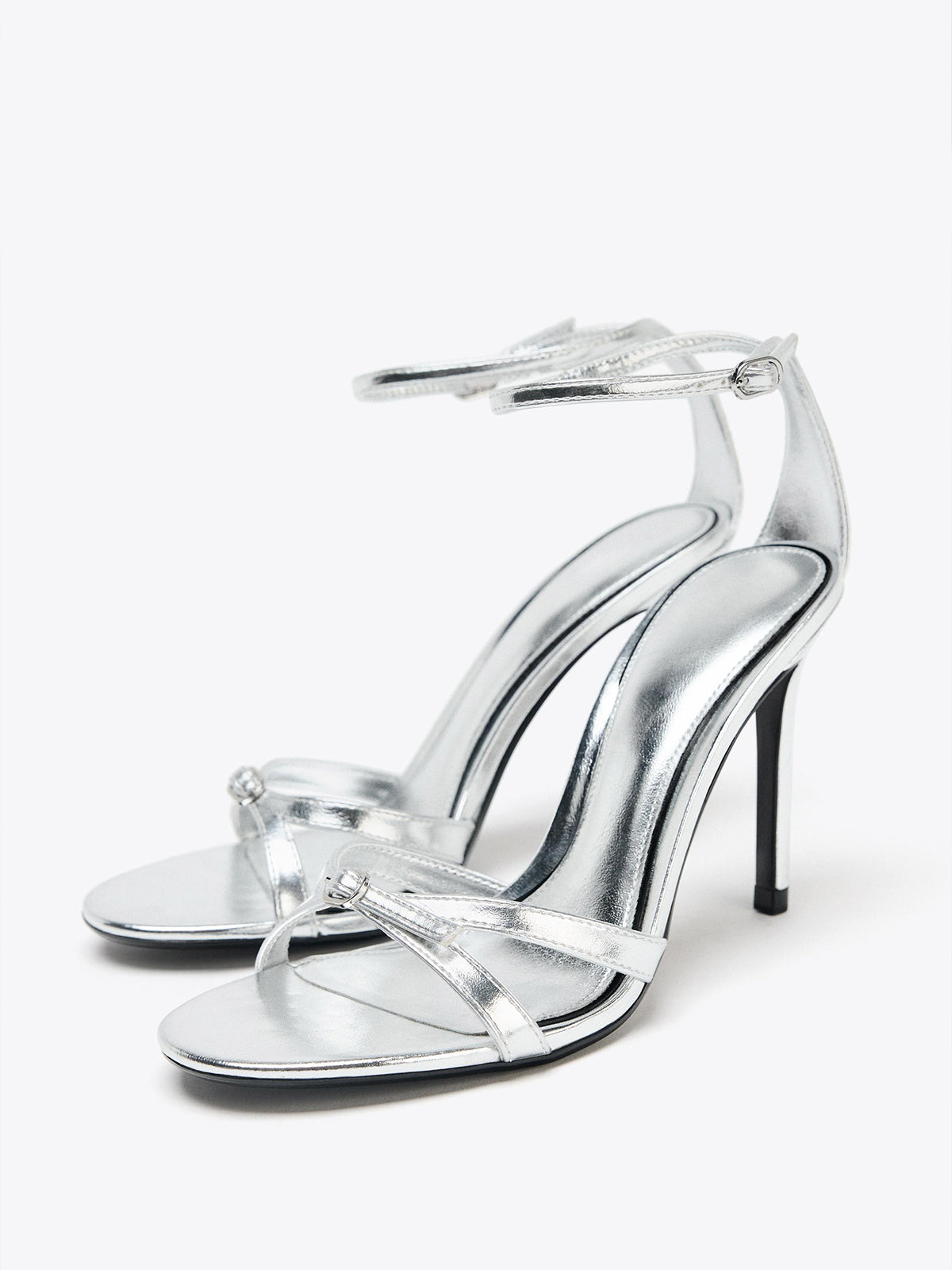 Metallic Silver Round-Toe Front Straps And Ankle Strap High Heels