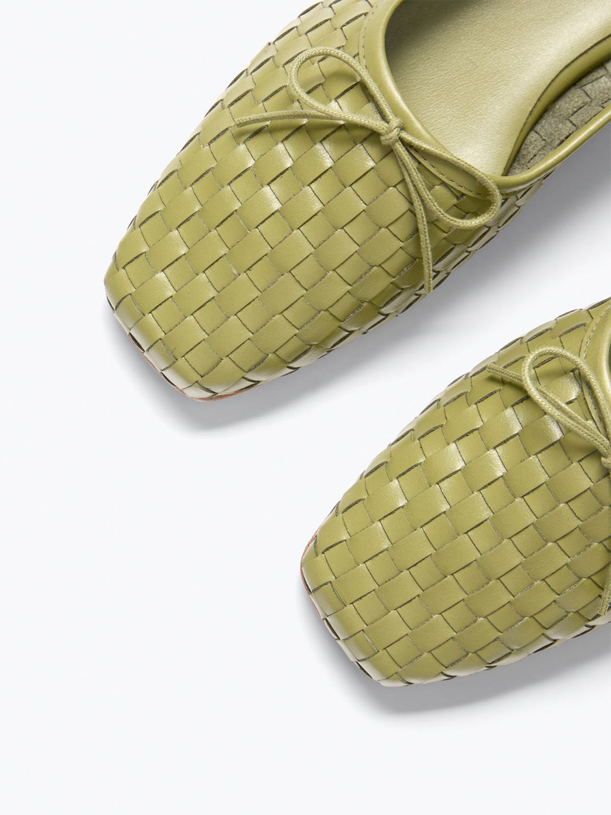 Vegan Leather Woven Square-Toe Bow Ballet Flats - Moss Green