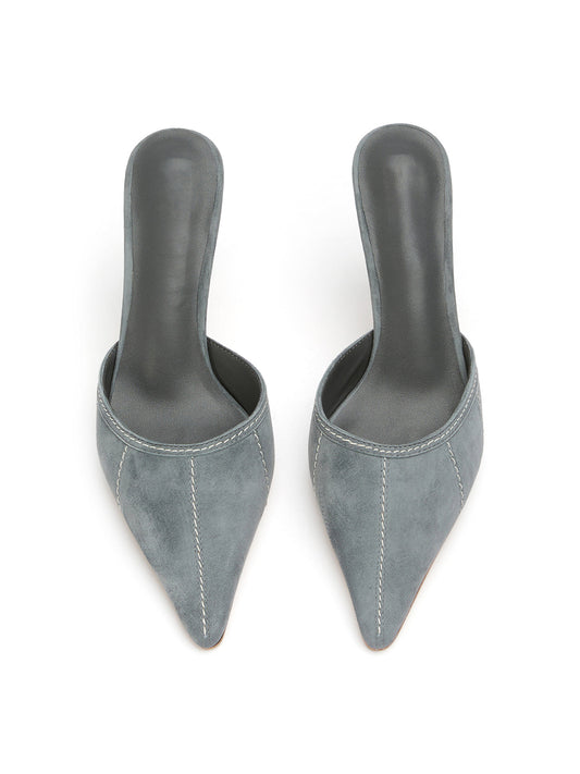 Dark Gray Faux Suede Pointed-Toe Stitch Backless High Heels