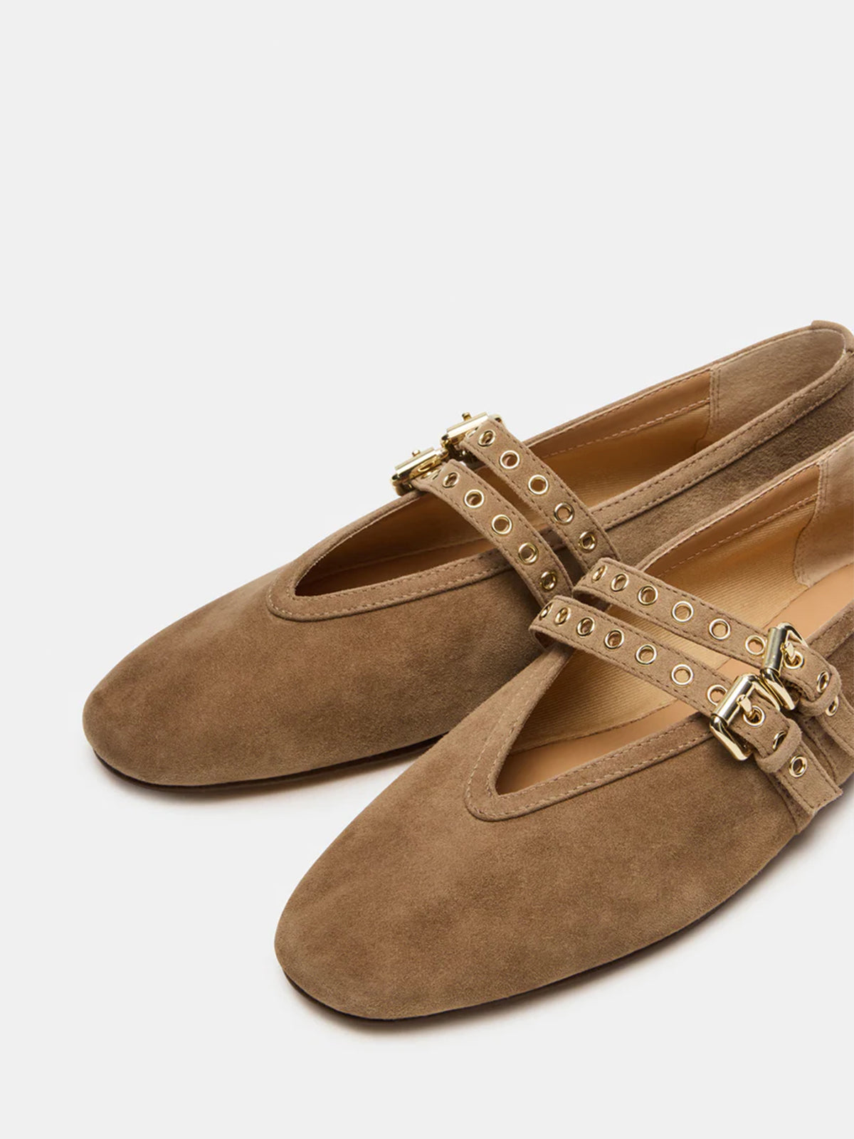 Taupe Faux Suede Square-Toe Double Bridge Straps Ballet Flats