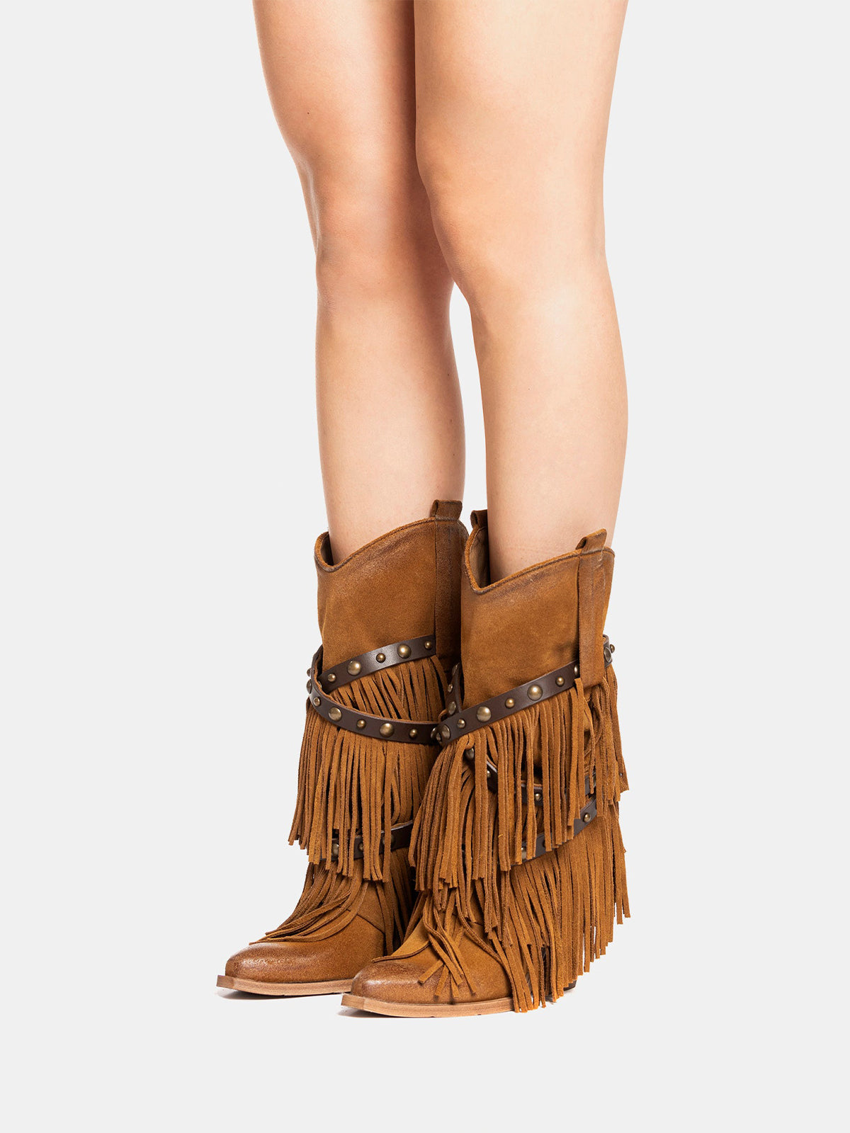 Tan Faux Suede Snip-Toe Studded Straps Fringe Mid Calf Cowgirl Boots