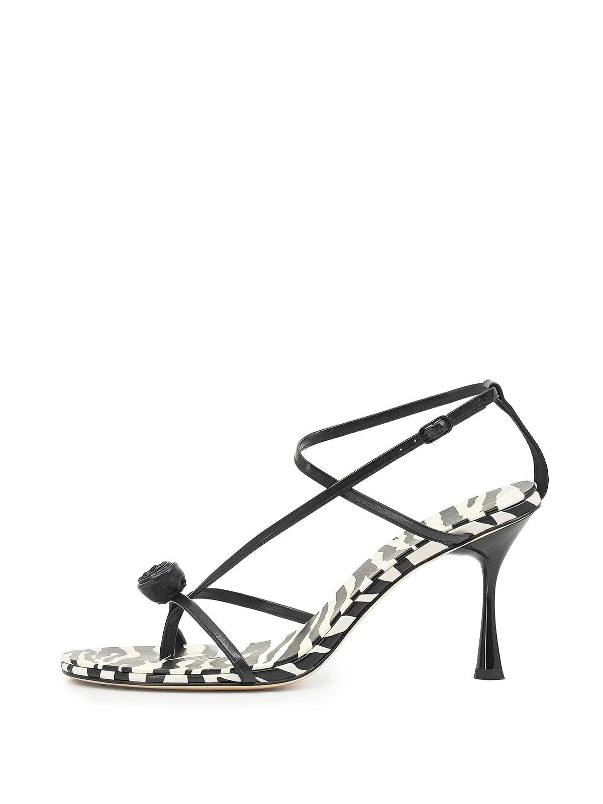 Black Round-Toe Front Rose Strappy High Heels